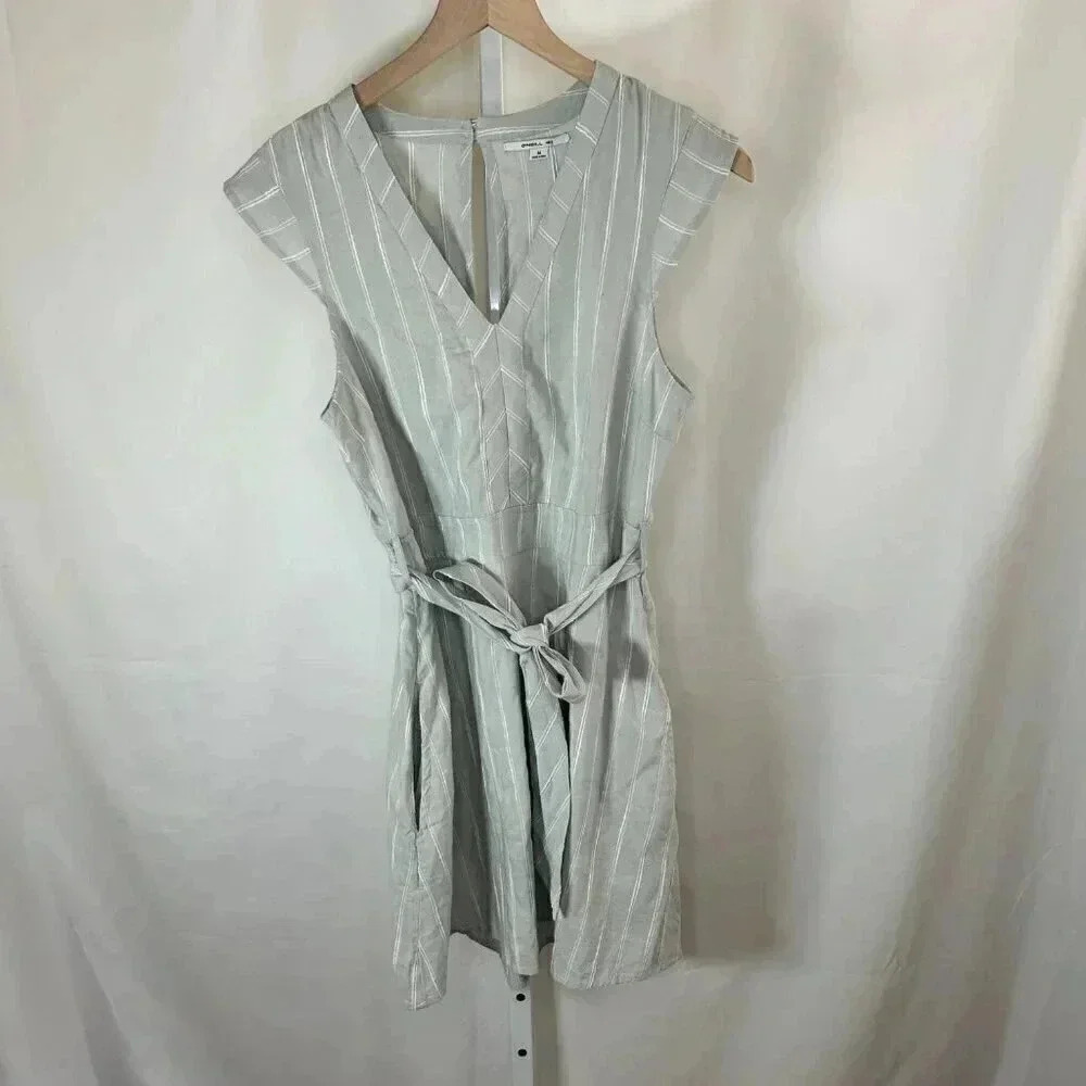 2/$30 O’Neil Medium Cotton Dress Casual Comfort Sundress Green White Striped
